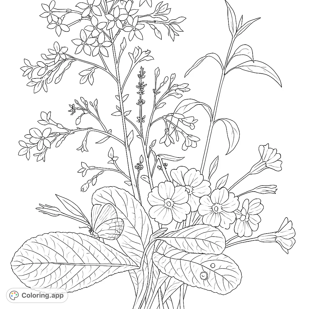 A beautiful botanical bouquet featuring various flowers, detailed leaves, and delicate insects. Perfect for nature lovers.