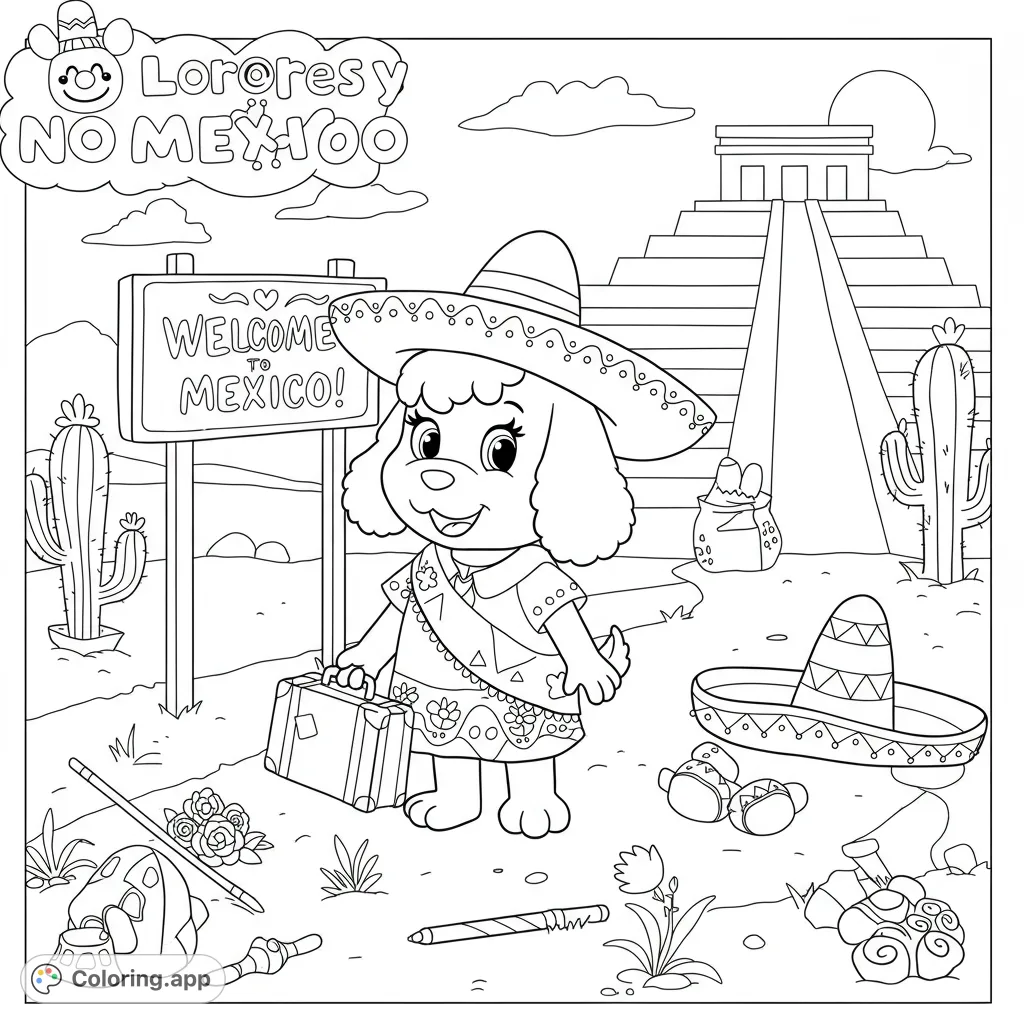 Join Poochie, a playful dog, on her exciting journey to Mexico! This fun coloring page features iconic landmarks and travel essentials for a delightful experience.