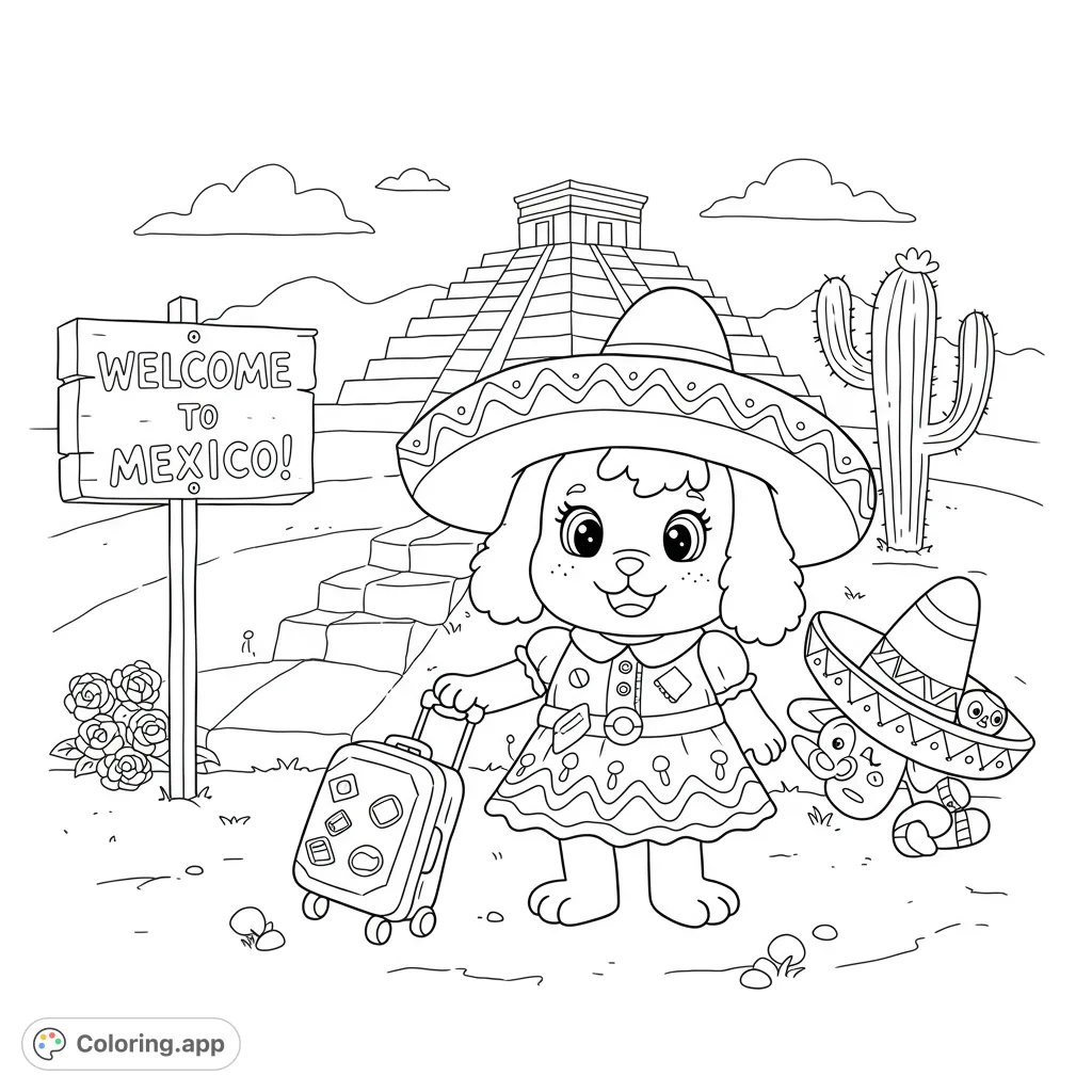 Join Poochie on her first adventure to Mexico! This fun coloring page features Poochie with a suitcase and sombrero, ready to explore iconic landmarks.