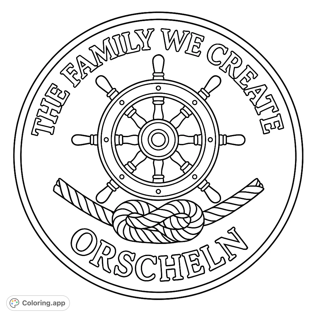 Color a detailed nautical medallion featuring a ship's wheel, a rope knot, and inspiring text. Perfect for maritime enthusiasts.