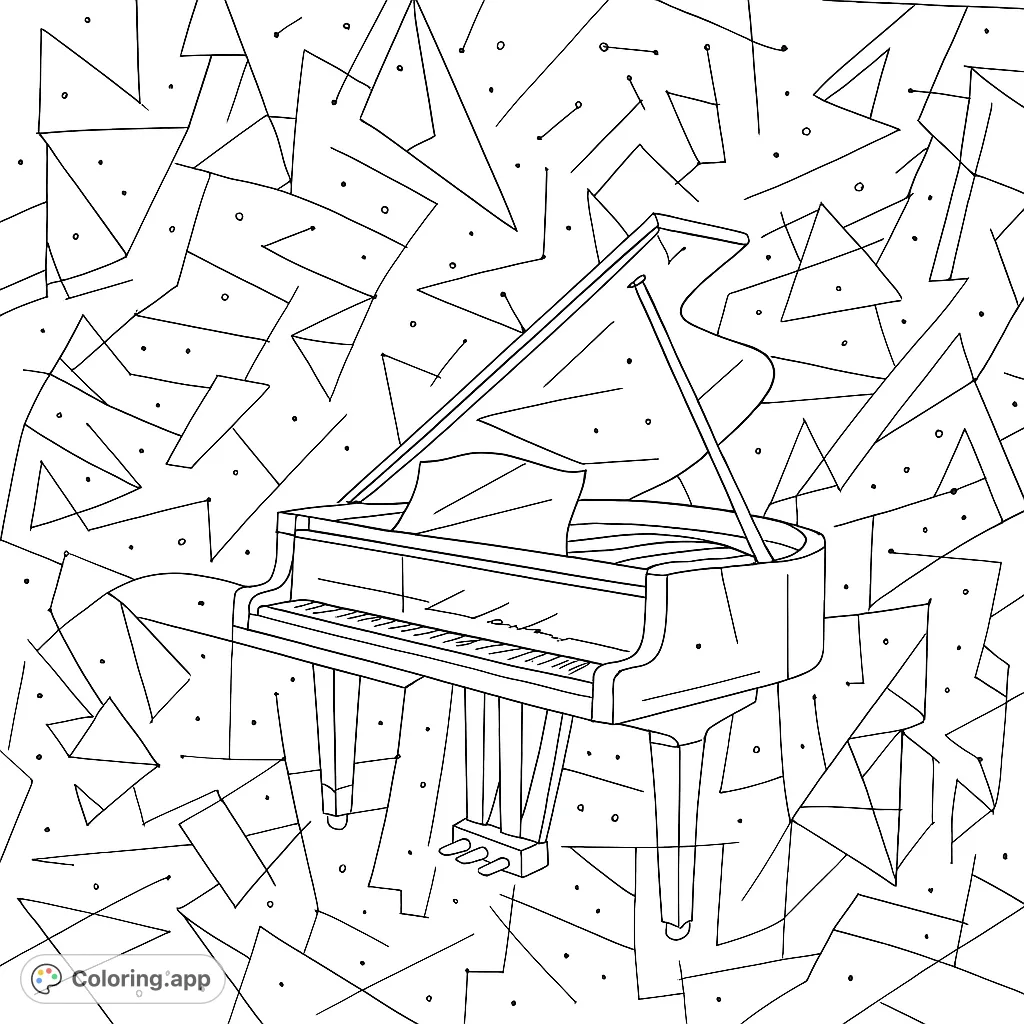An abstract grand piano coloring page, featuring a dynamic composition of geometric shapes and starry elements. Perfect for music lovers.