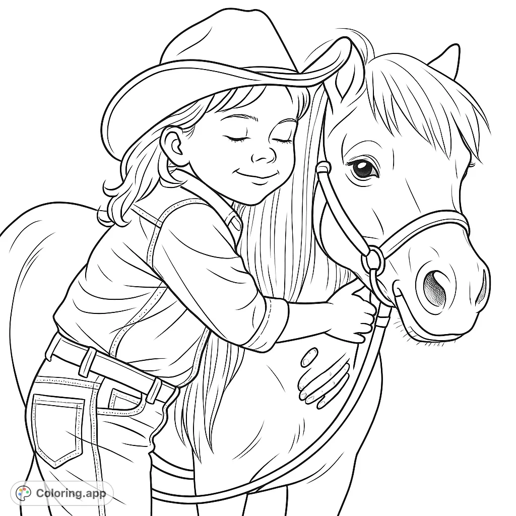 A heartwarming pony hug coloring page featuring a child in a cowboy hat embracing their equine friend in a field. Perfect for animal lovers.