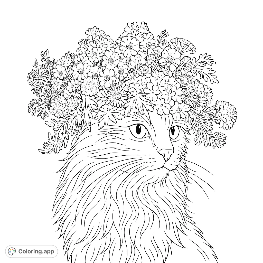 A charming cat adorned with a beautiful, intricate floral crown, perfect for nature and animal lovers. Free printable cat coloring page.