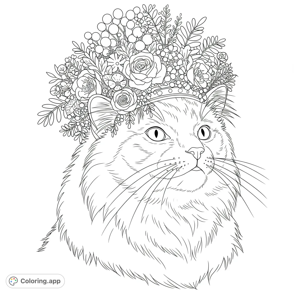 A fluffy cat wearing an elaborate crown of clustered flowers and leafy foliage, looking regally upwards. A charming and detailed feline coloring page.