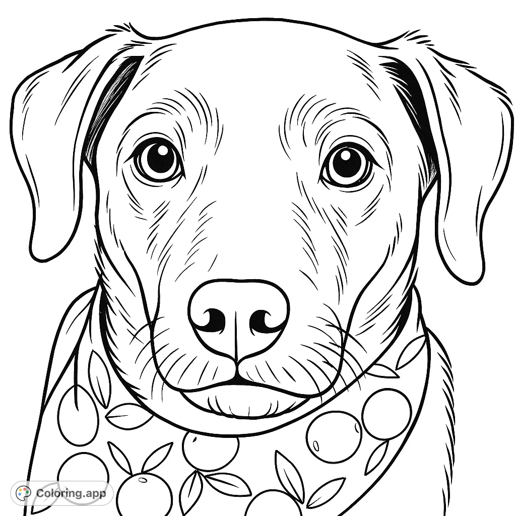 A charming dog portrait coloring page featuring an expressive canine with a patterned bandana, perfect for pet lovers of all ages.