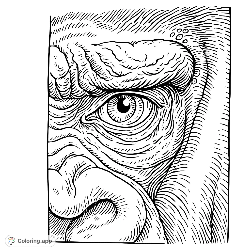 Capture the powerful gaze of a gorilla with this detailed coloring page. Intricate textures and expressive features await your creative touch.