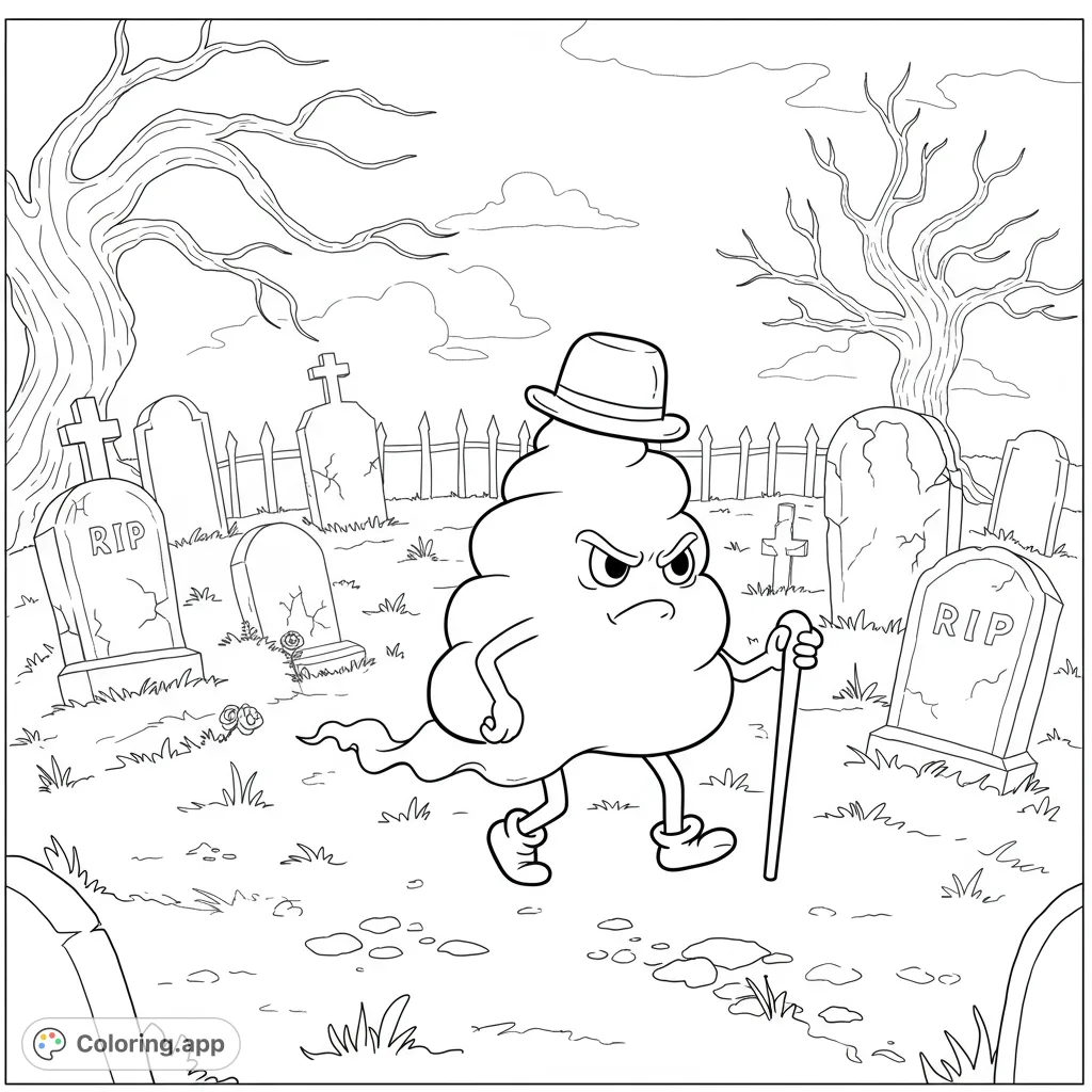 A spooky, angry ghost poop character with a hat and cane walks through a graveyard, perfect for a unique and humorous coloring experience.
