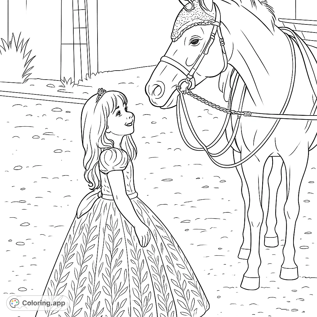 A magical scene featuring a young girl in a beautiful gown with her unicorn companion. Perfect for fantasy and animal lovers.