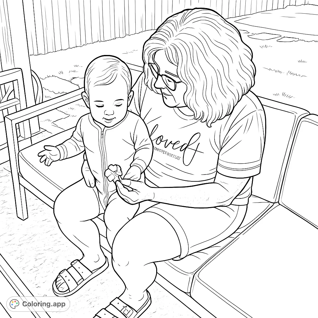 A heartwarming scene of a grandparent holding a baby, sharing a tender moment with a small flower on an outdoor patio.