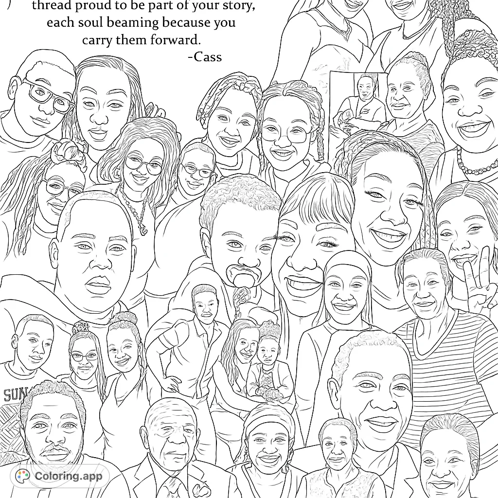 A heartwarming collage of diverse individuals, celebrating family, friendship, and community. Perfect for personalizing with your own vibrant palette.