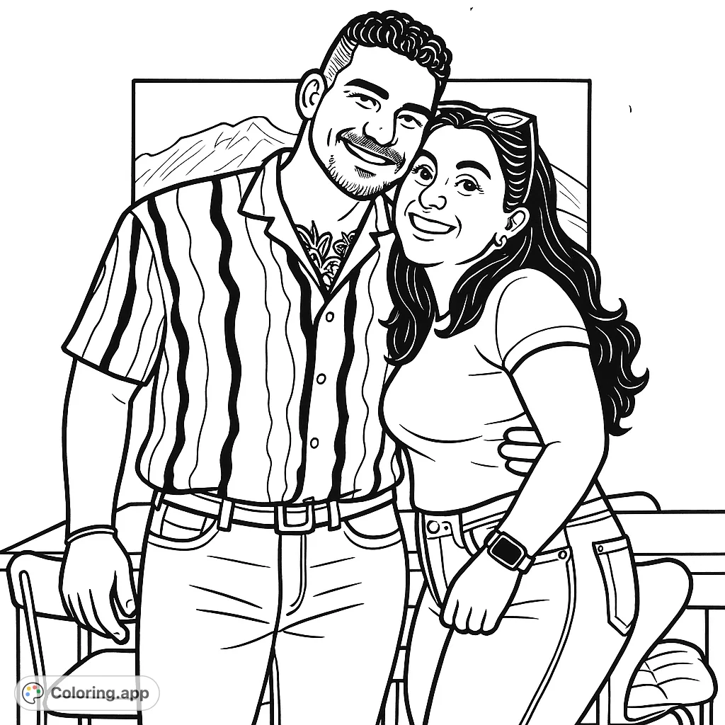 A heartwarming cartoony portrait of a smiling couple, perfect for a fun and expressive coloring experience. Capture their joy!