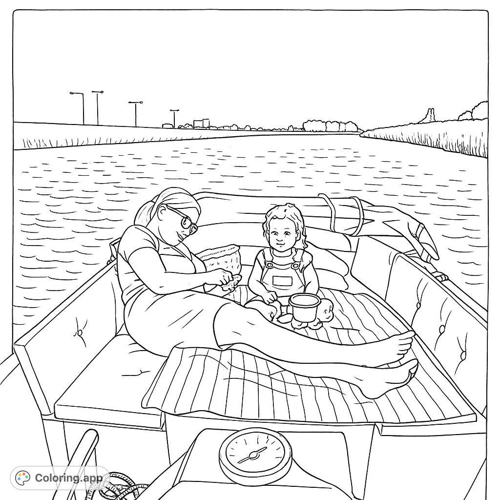 A serene boat trip featuring a woman relaxing and a child playing, set against a calm waterway. Perfect for a peaceful coloring experience.