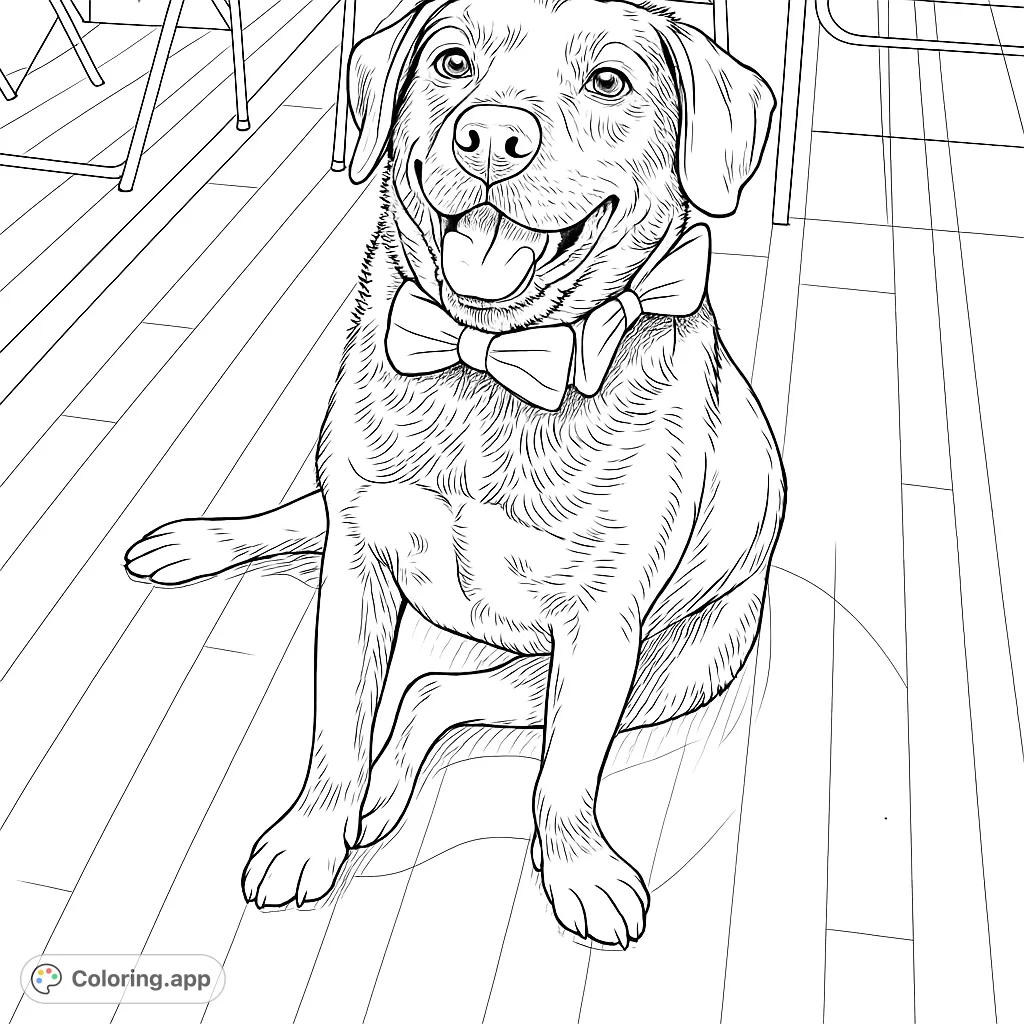 A charming dog with a joyful expression, wearing two festive bow ties, sits patiently on a wooden floor, ready for a fun coloring adventure.
