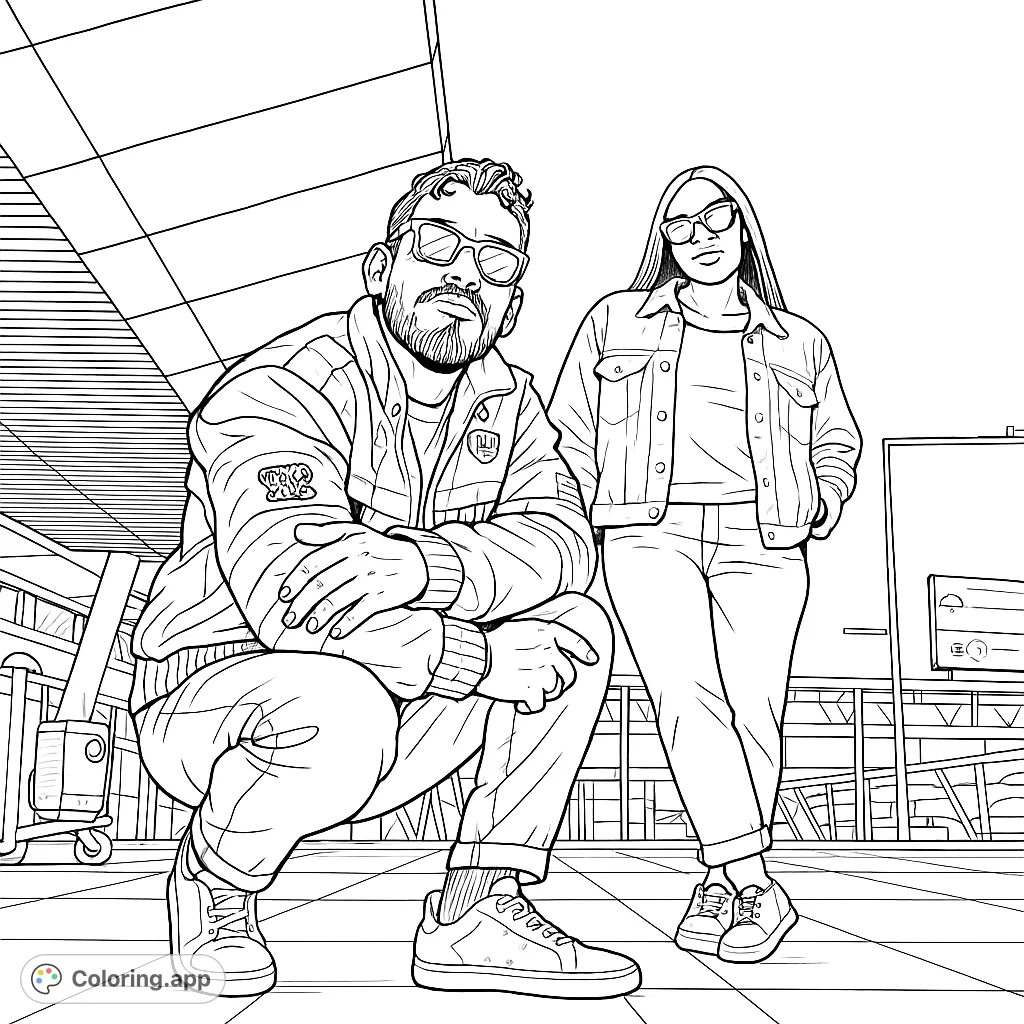 Capture a dynamic urban scene featuring two stylish travelers against a modern architectural backdrop. Perfect for fashion and travel enthusiasts.