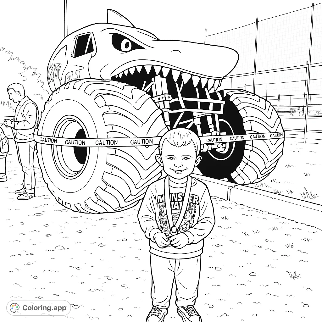 A thrilling monster truck coloring page featuring a smiling boy and a massive shark-themed truck with huge tires, perfect for young fans of extreme vehicles.