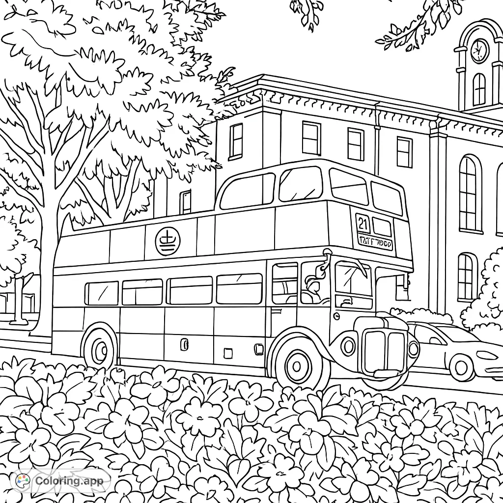 Color a classic double-decker bus amidst a vibrant flower bed, with a grand building and trees in the background. A charming scene for all ages.