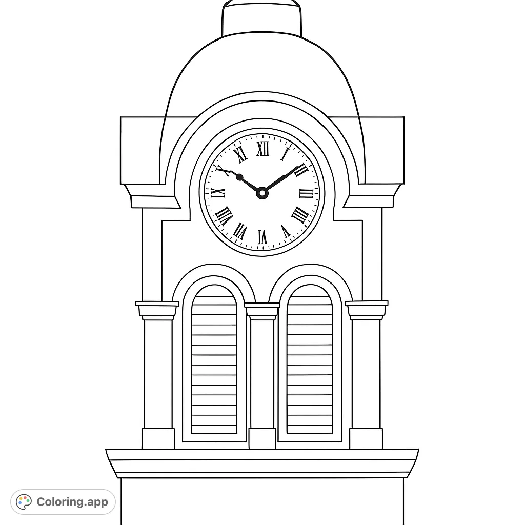 Color a majestic clock tower with a classic dome and Roman numeral clock face. A timeless architectural design for all ages.