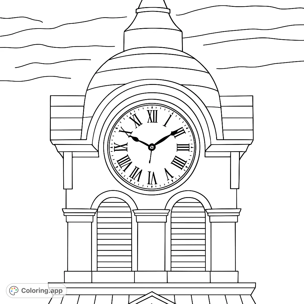Color a majestic clock tower featuring a classic design, prominent clock face with Roman numerals, and arched windows, set against a cloudy sky.
