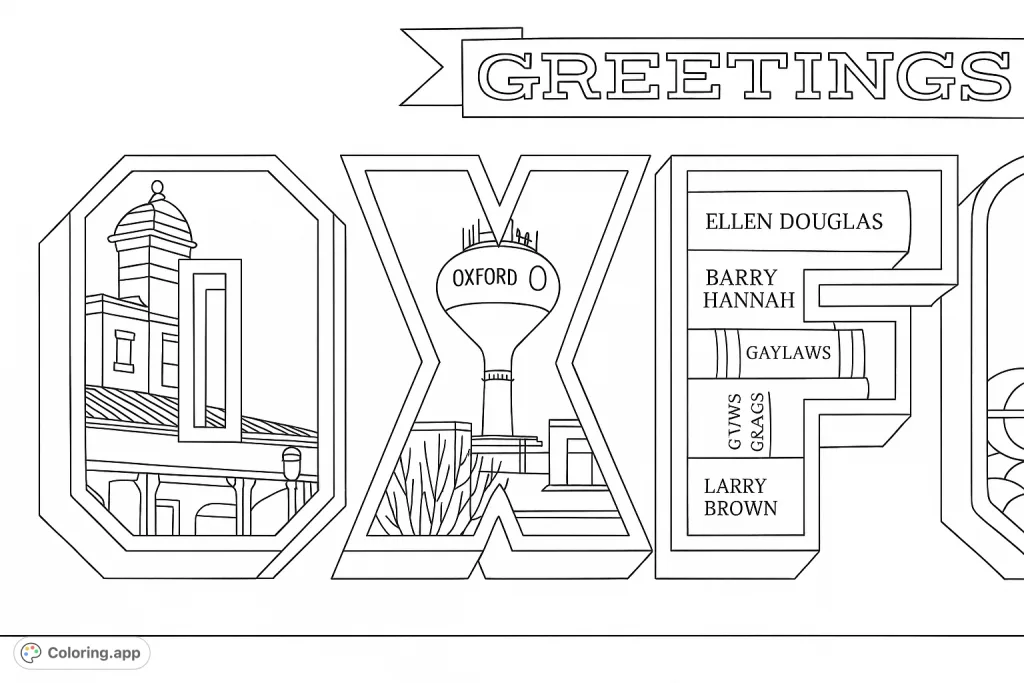 A unique Oxford-themed coloring page featuring iconic landmarks and literary elements within bold letters, perfect for all ages.