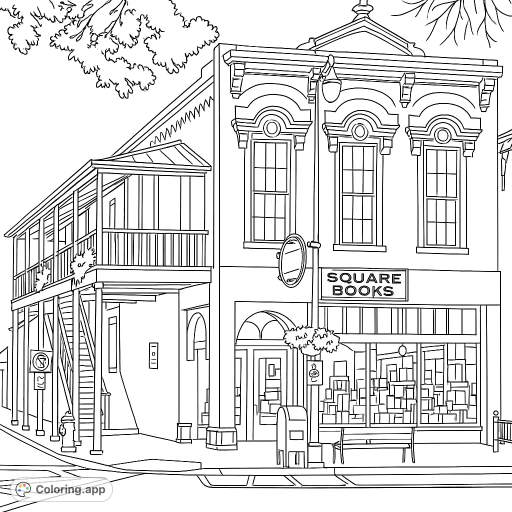 Color a charming historic bookstore with intricate architectural details, a welcoming balcony, and a lively street scene, perfect for urban enthusiasts.