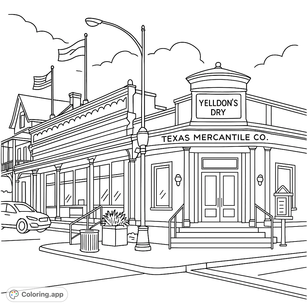 Explore a charming historic building with intricate architectural details, a grand entrance, and classic street elements, perfect for a detailed coloring experience.