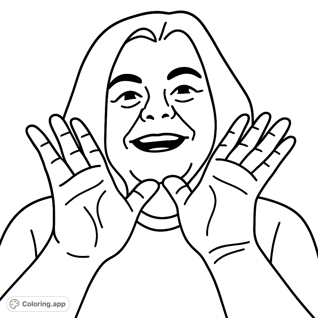 Capture a moment of pure joy with this cartoony portrait coloring page. Features a smiling person with hands framing their face, perfect for all ages.
