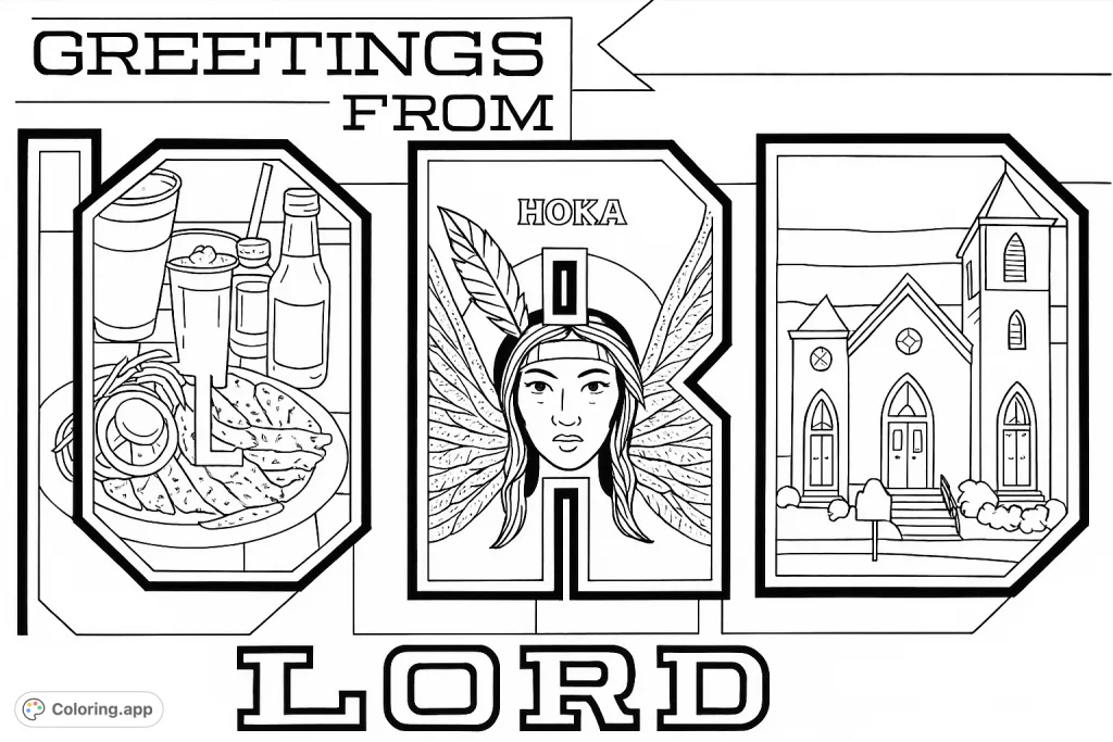 Explore a unique mural featuring a hearty meal, a feathered figure, and a historic church, all within stylized letters. A detailed and engaging coloring page.