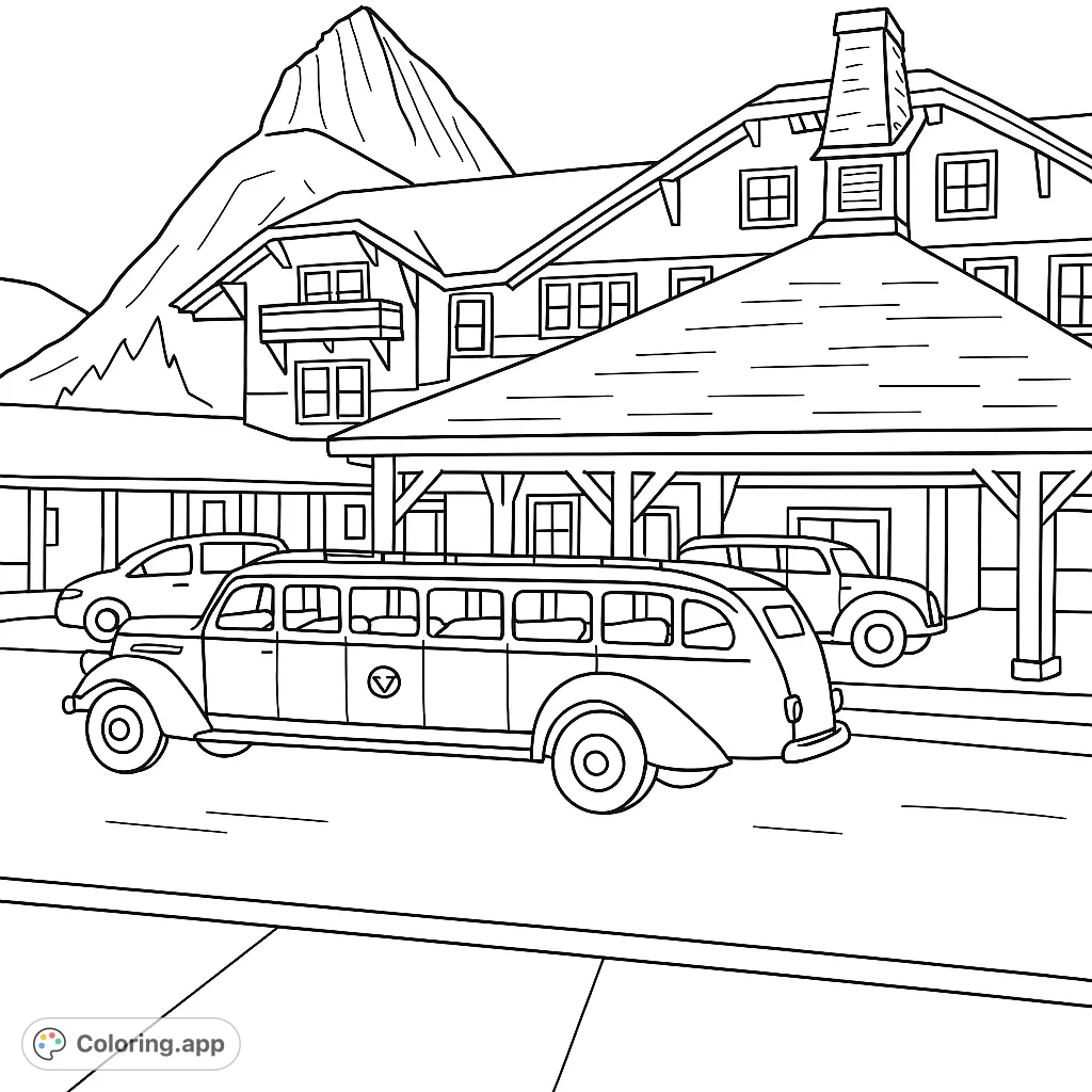 A classic touring bus parked in front of a grand mountain lodge, with majestic peaks in the background. A nostalgic scene ready for your creative touch.
