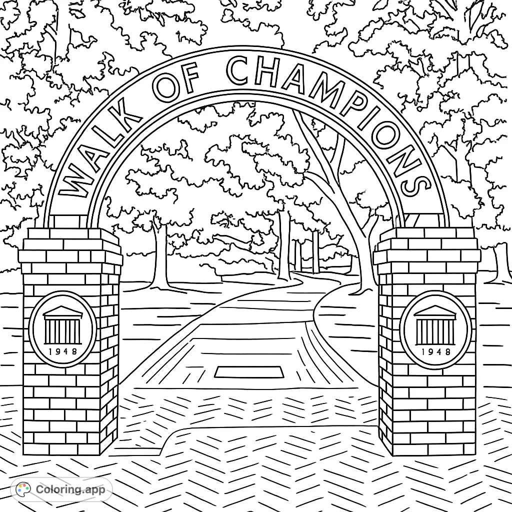 Color a historic campus landmark! This free printable features the iconic Walk of Champions archway, brick pillars, and a tree-lined pathway.