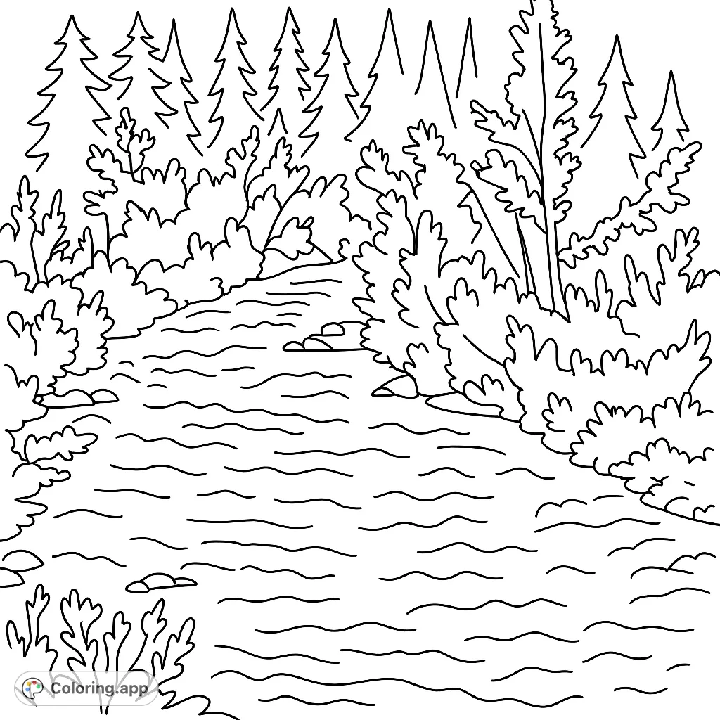 Immerse yourself in a wild river forest landscape coloring page. Features a dynamic river flowing through dense woods with varied foliage and scattered rocks.