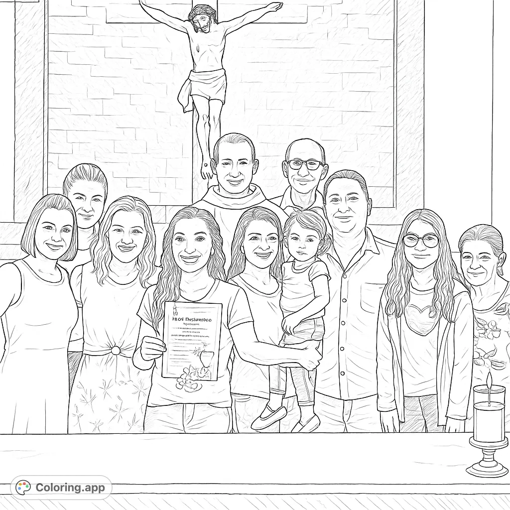 Capture a heartwarming family gathering with a priest and crucifix in a sacred setting. Perfect for reflection and detailed coloring.