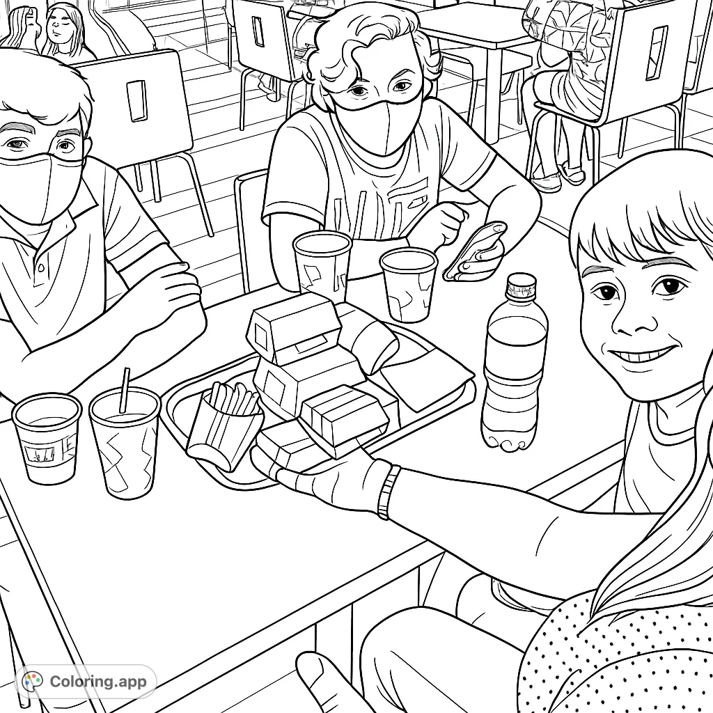 Capture a lively family meal at a fast-food restaurant. This free printable coloring page features people, food, and a bustling dining scene.