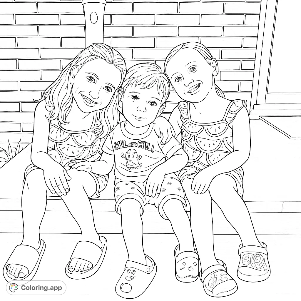 A heartwarming scene of three smiling children sitting together on outdoor steps, perfect for a fun and engaging coloring activity.