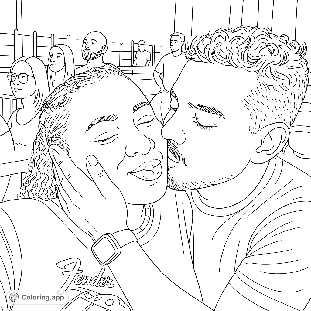 Capture a tender moment of affection at a lively event. This sweet couple shares a kiss amidst a crowd, perfect for a romantic coloring page.