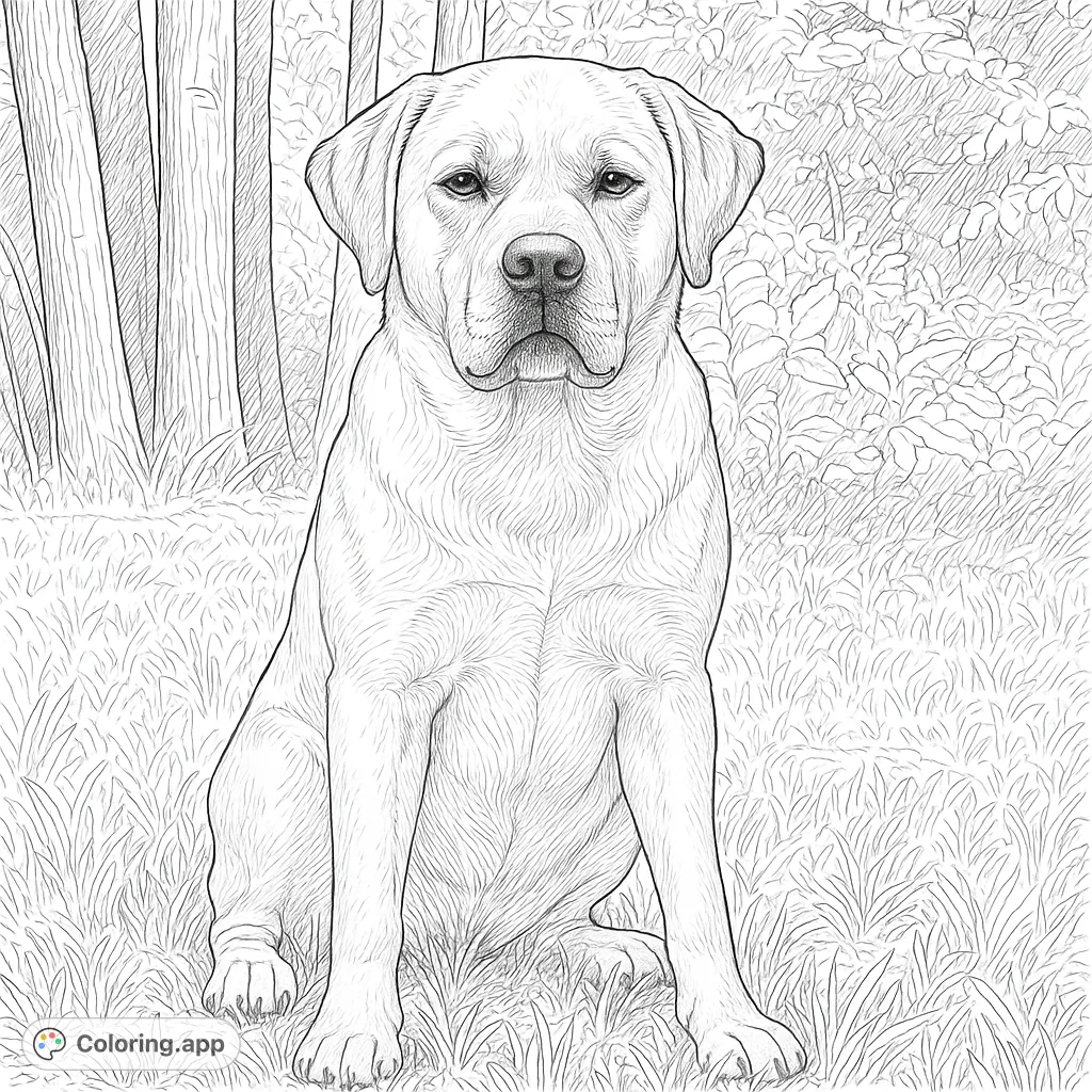 A realistic Labrador dog sitting patiently in a lush grassy outdoor setting, perfect for animal lovers to color and bring to life with intricate details.