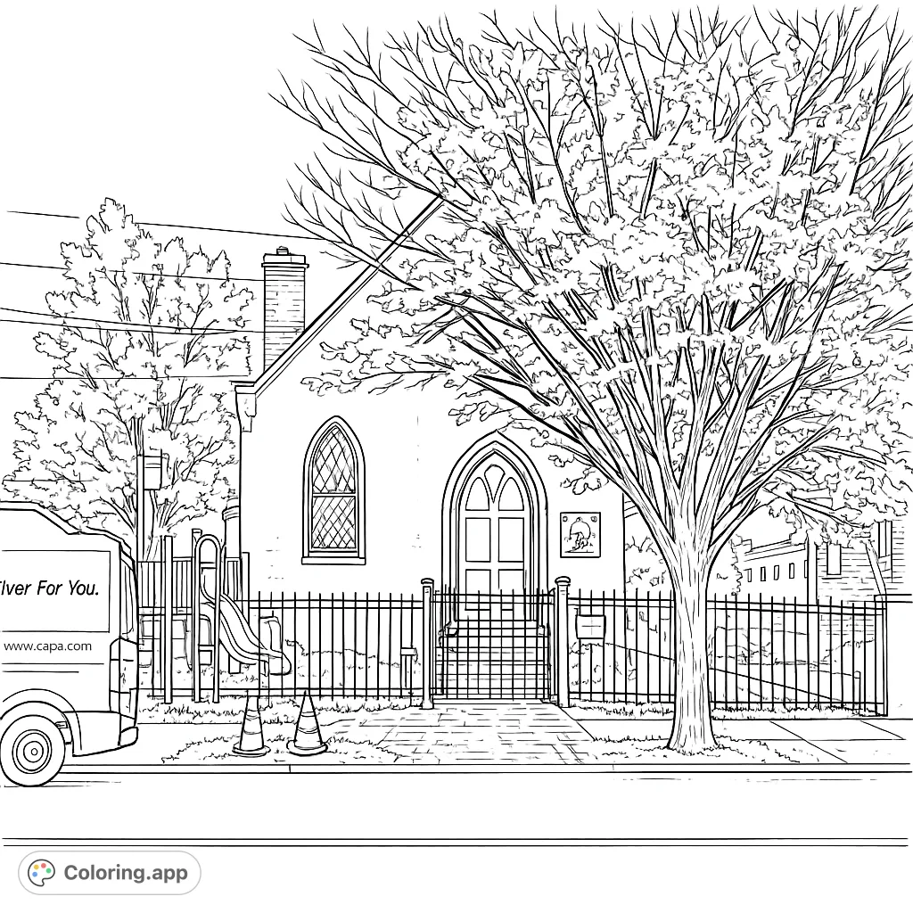 Explore an urban scene featuring a historic building, a lively playground, and everyday street elements. A detailed coloring page for all ages.
