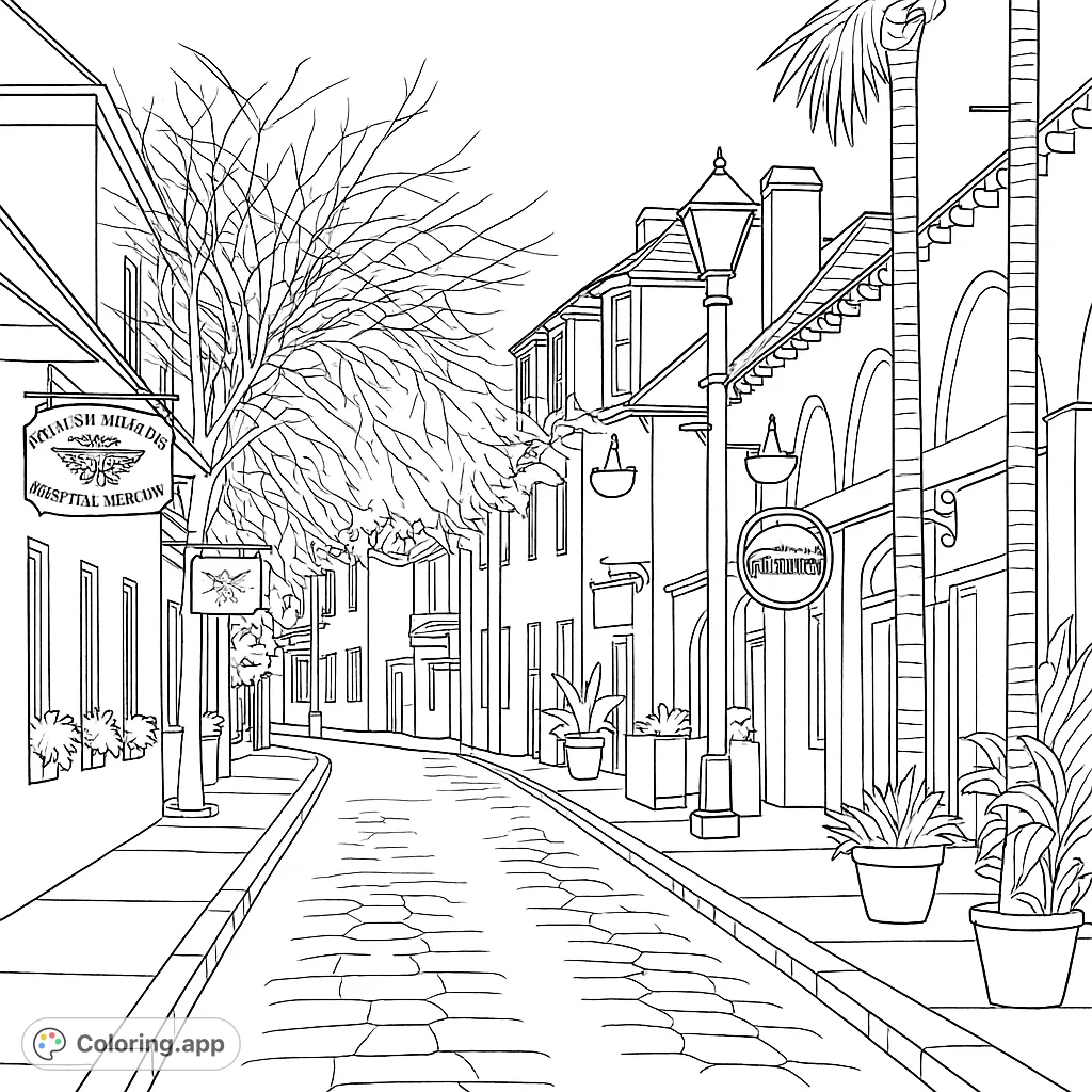 Explore a charming historic street scene with detailed architecture, a cobblestone path, and lush foliage. A free printable architectural coloring page.