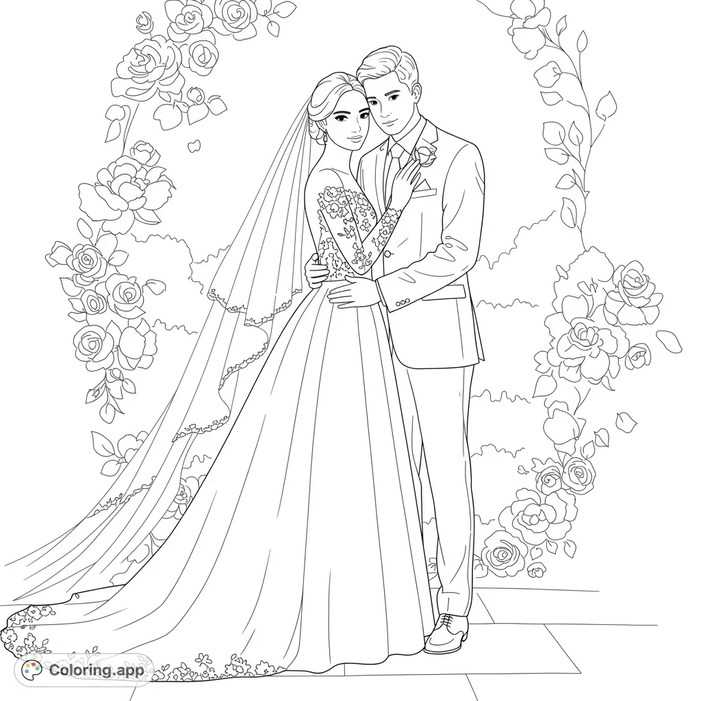 Celebrate love with this elegant newly wed couple coloring page. Features a bride in a lace gown and a groom in a suit, perfect for romantic coloring.