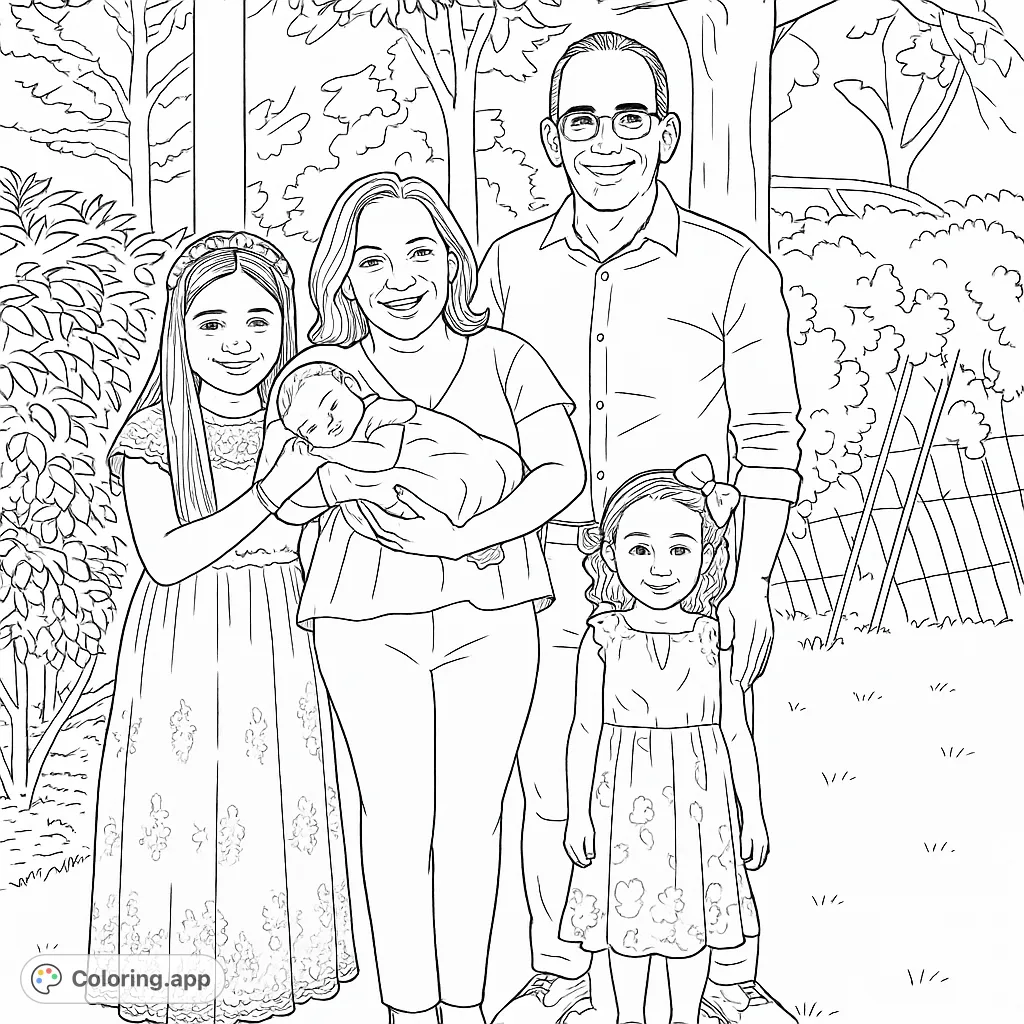 A heartwarming family portrait featuring parents, two daughters, and a baby, set in a serene outdoor garden.