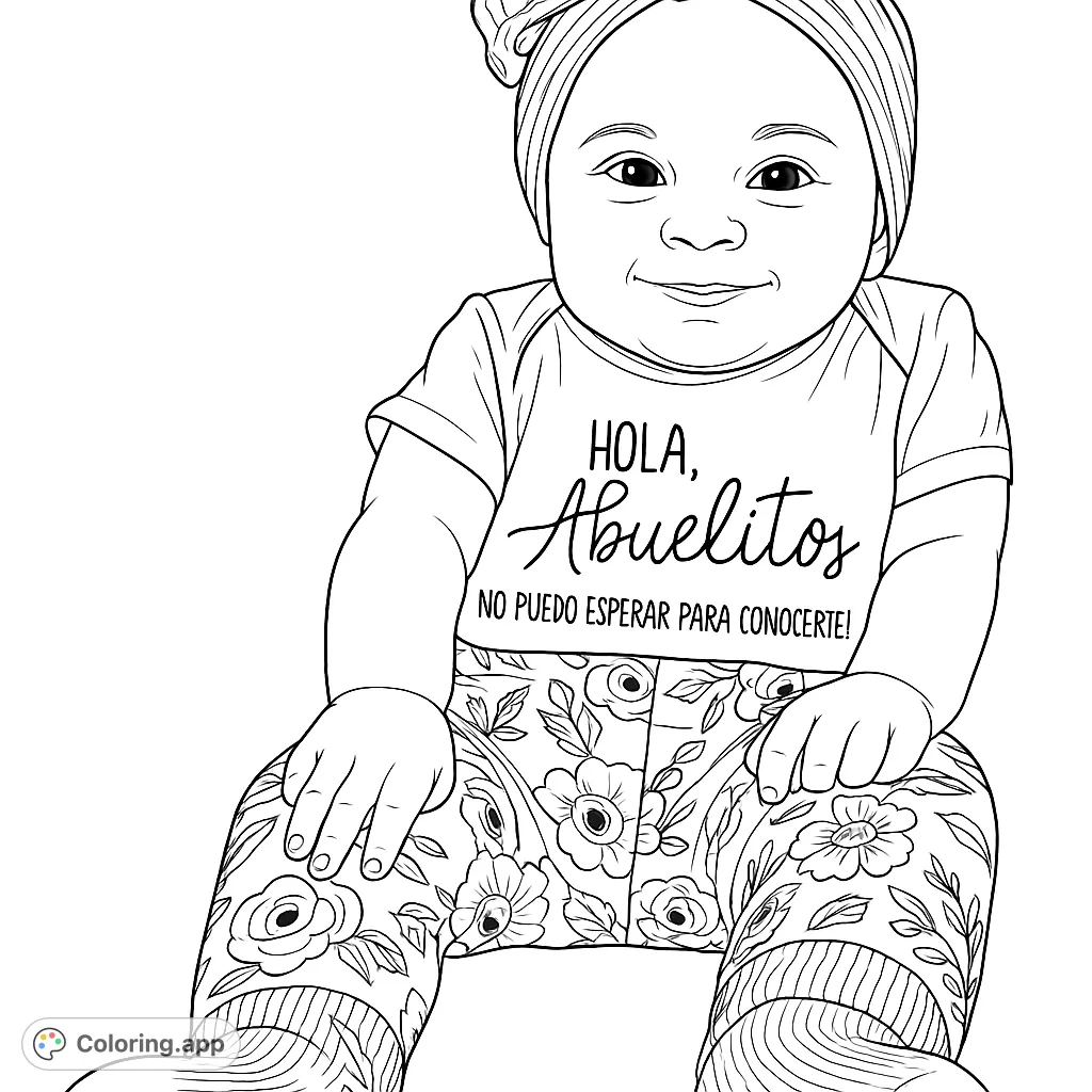 A heartwarming baby coloring page featuring a smiling infant in a cute outfit with floral patterns and a special message. Perfect for family.
