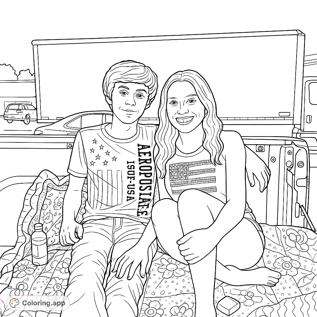 Two friends relaxing in a truck bed on a patterned blanket, perfect for a casual coloring session. A large truck trailer is in the background.