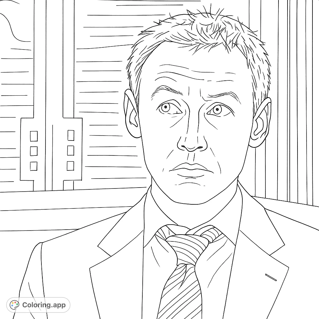A detailed portrait of a man in a suit, captured in a moment of contemplation. Perfect for adult colorists seeking a realistic human portrait coloring page.