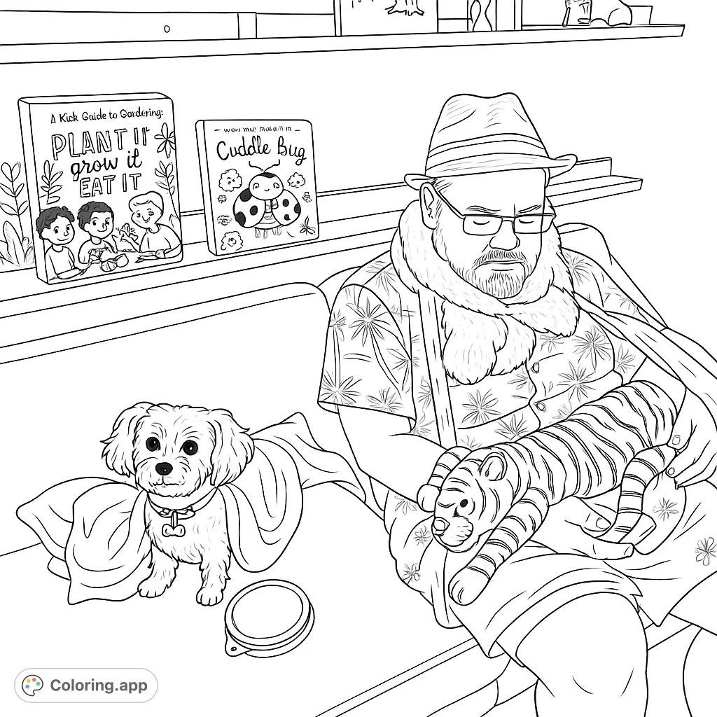 A heartwarming scene of a person and their fluffy dog relaxing on a couch, surrounded by books and comfort items, perfect for a cozy coloring session.
