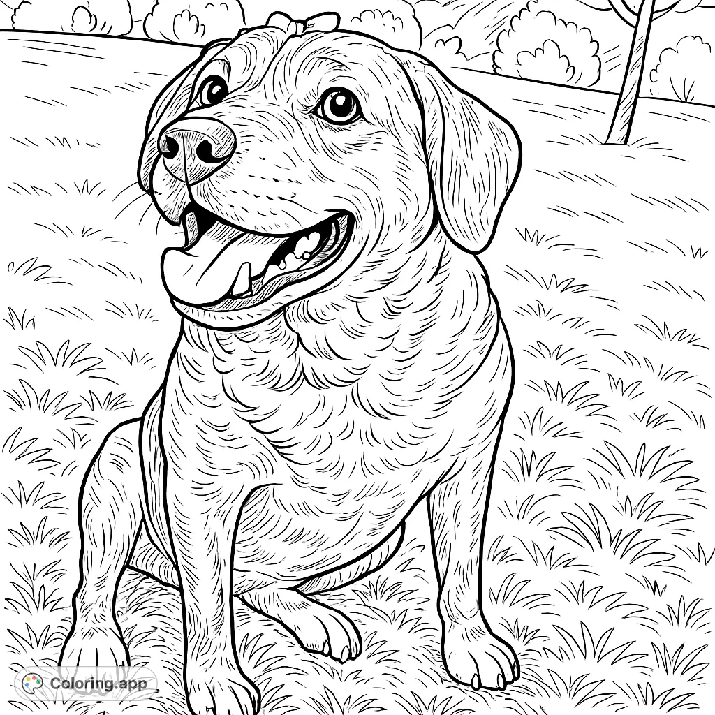 A charming brindle dog sits happily on a grassy hill, ready for your creative touch. This detailed dog coloring page offers hours of fun for all ages.