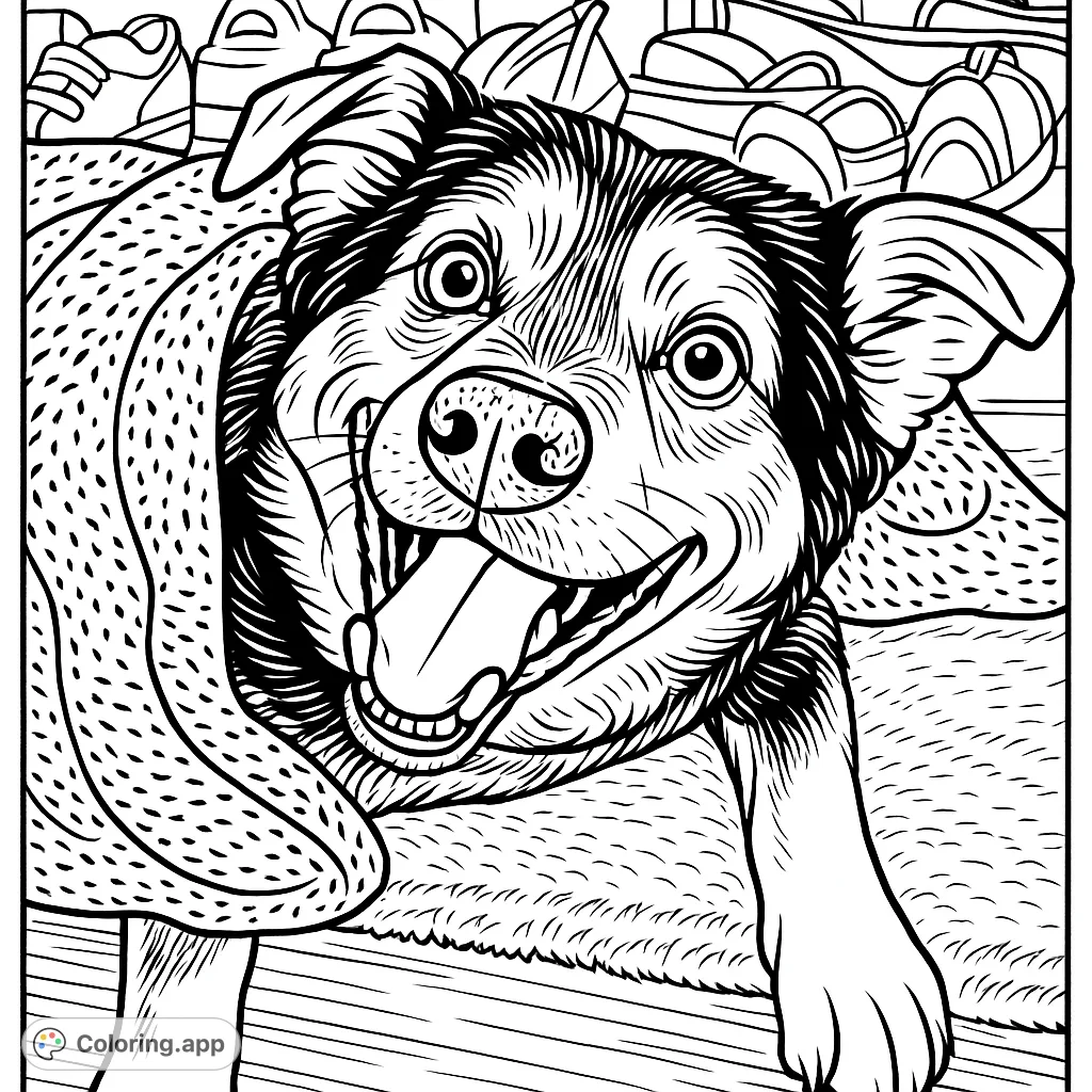 A delightful cartoony dog peeking from under a cozy blanket, ready for a fun coloring adventure. Highly detailed for an engaging experience.