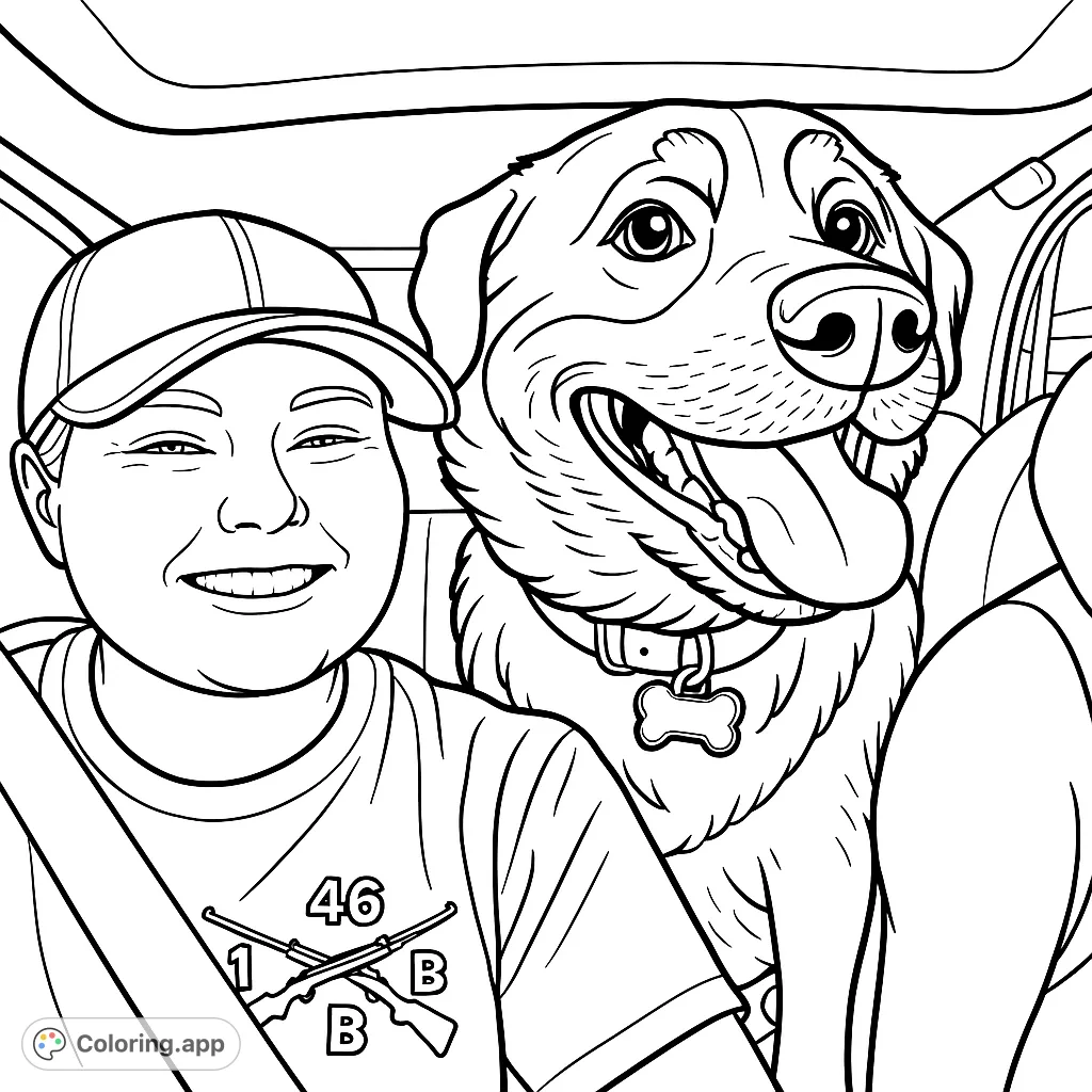 Capture the joy of a car ride with a smiling person and their happy dog. This intricate design offers detailed patterns for a fun coloring experience.