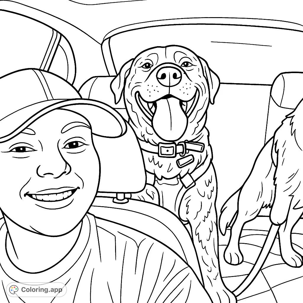 A joyful car ride scene featuring a person and their happy canine companions, perfect for a fun and detailed coloring adventure.