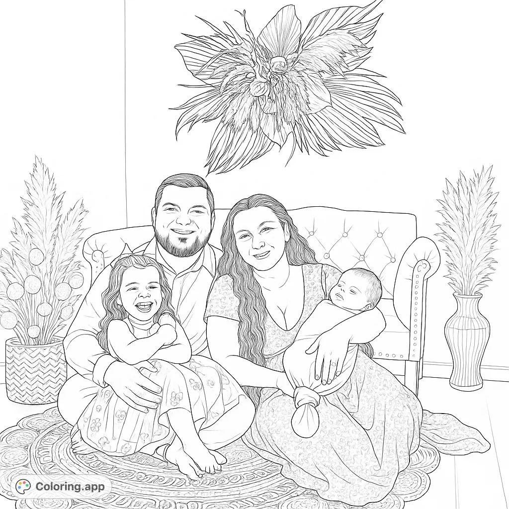 Capture the warmth of family with this intricate portrait coloring page. Features a happy family of four, detailed decor, and a cozy setting.