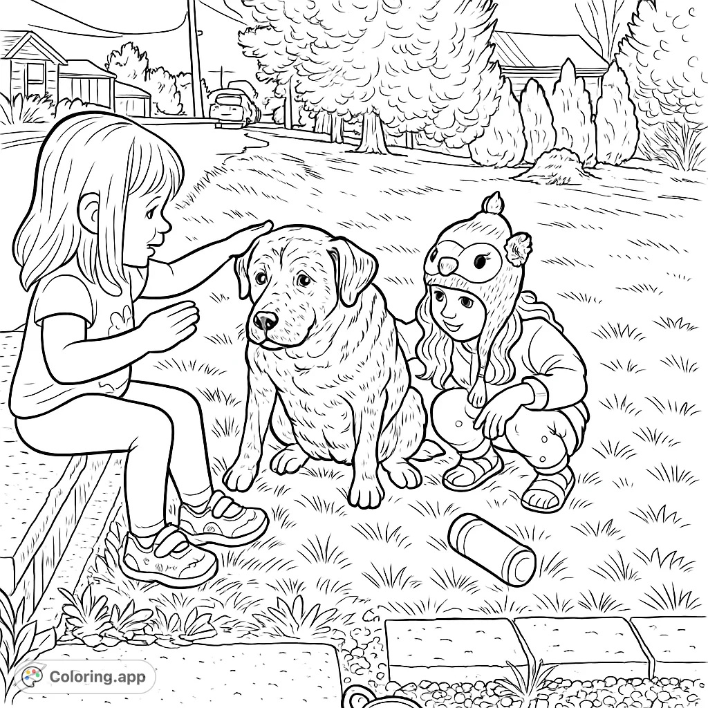 A heartwarming scene of two children gently petting a large, friendly dog outdoors. Perfect for a free printable animal friendship coloring page.