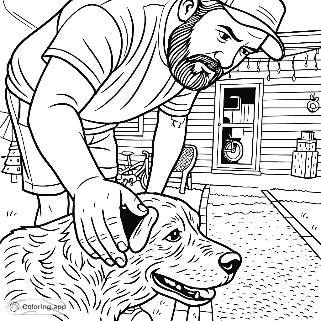 A heartwarming scene of a man gently petting his beloved dog in a detailed outdoor setting. Perfect for animal lovers to bring to life with their favorite shades.